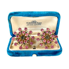 Vintage Pink & Light Colorado Rhinestones Light Gold Tone Floral Clip-on Earrings