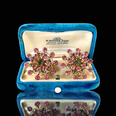 Vintage Pink & Light Colorado Rhinestones Light Gold Tone Floral Clip-on Earrings