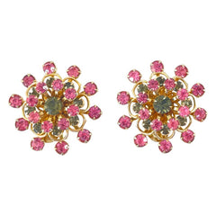 Vintage Pink & Light Colorado Rhinestones Light Gold Tone Floral Clip-on Earrings