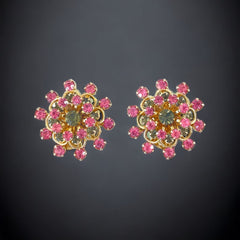 Vintage Pink & Light Colorado Rhinestones Light Gold Tone Floral Clip-on Earrings
