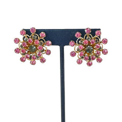 Vintage Pink & Light Colorado Rhinestones Light Gold Tone Floral Clip-on Earrings