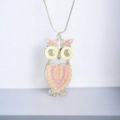 Vintage Pink &amp; White Enamel Silver Tone Articulated Owl Pendant Chain Necklace | Animal Jewelry | Owl Collector Gift Idea&nbsp;