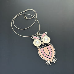 Vintage Pink &amp; White Enamel Silver Tone Articulated Owl Pendant Chain Necklace | Animal Jewelry | Owl Collector Gift Idea&nbsp;