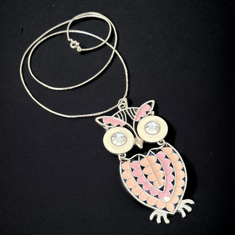 Vintage Pink &amp; White Enamel Silver Tone Articulated Owl Pendant Chain Necklace | Animal Jewelry | Owl Collector Gift Idea&nbsp;