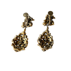 Vintage Hollycraft pink and yellow rhinestone gold‑tone floral dangle screw‑back earrings shown from different angles.
