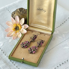 Vintage Hollycraft pink and yellow rhinestone gold‑tone floral dangle screw‑back earrings shown from different angles.