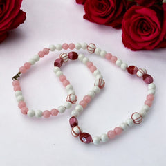 Vintage White &amp; Pink Beaded Long Necklace – 1950s Elegant Pastel Charm