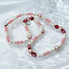 Vintage White &amp; Pink Beaded Long Necklace – 1950s Elegant Pastel Charm