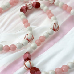 Vintage White &amp; Pink Beaded Long Necklace – 1950s Elegant Pastel Charm