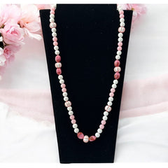 Vintage White &amp; Pink Beaded Long Necklace – 1950s Elegant Pastel Charm