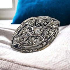 Vintage Portuguese Clear Paste Gold & Silver Marcasite Brooch