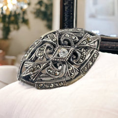 Vintage Portuguese Clear Paste Gold & Silver Marcasite Brooch
