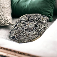 Vintage Portuguese Clear Paste Gold & Silver Marcasite Brooch