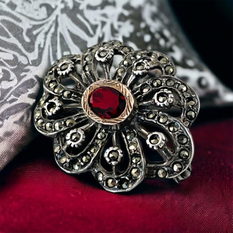 Vintage Portuguese Garnet Rose Gold &amp; Silver Marcasite Brooch