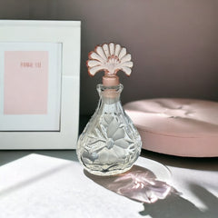 Vintage Art Deco Style Pressed Glass Perfume Bottle with Etched Floral Design &amp; Pink Fan Stopper | 1940s-50s Decorative Glass | Gift Idea