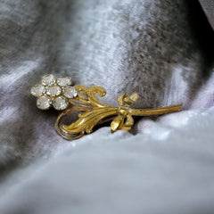 Vintage Gilded Sterling Silver Clear Paste Rhinestones Floral Brooch - 1940's Glamour