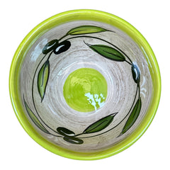 Small round ceramic bowl with green interior and rim, hand-painted with swirling olive branches, black olives, and green leaves on a beige base; measures 4 inches in diameter and 2.5 inches high.