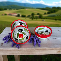 Mini ceramic bowl with red rim and white base, hand-painted with black olives and green leaves; measures 3¾ inches in diameter and 1¾ inches high, ideal for condiments or small servings.