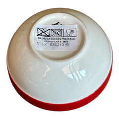 Mini ceramic bowl with red rim and white base, hand-painted with black olives and green leaves; measures 3¾ inches in diameter and 1¾ inches high, ideal for condiments or small servings.