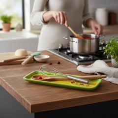 Rectangular ceramic spoon rest with yellow interior and green polka-dot rim, featuring hand-painted olive leaves, red berries, and whimsical fork and spoon motif; measures 11 by 4 inches.