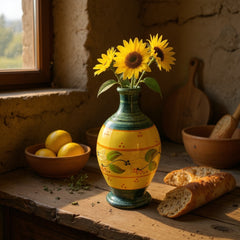 Handmade ceramic oil bottle or vase from Provence, featuring a yellow glaze with green accents and hand-painted white floral motif, signed Bleu d’Argile France