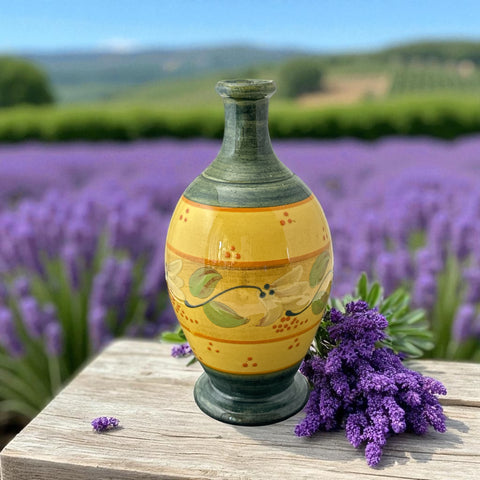 Handmade ceramic oil bottle or vase from Provence, featuring a yellow glaze with green accents and hand-painted white floral motif, signed Bleu d’Argile France