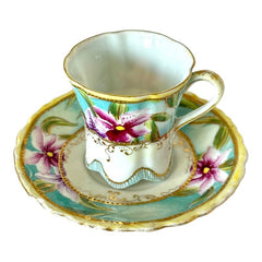 Vintage Purple Lilies & Gold Espresso Coffee Demitasse Cup and Saucer Set