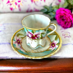 Vintage Purple Lilies & Gold Espresso Coffee Demitasse Cup and Saucer Set