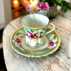 Vintage Purple Lilies & Gold Espresso Coffee Demitasse Cup and Saucer Set