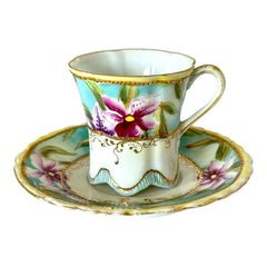 Vintage Purple Lilies & Gold Espresso Coffee Demitasse Cup and Saucer Set