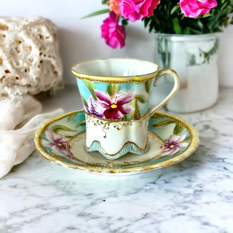 Vintage Purple Lilies & Gold Espresso Coffee Demitasse Cup and Saucer Set