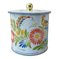 Round cookie tin box in Quimper designs, available in Floral or Rooster patterns. Cylindrical tin with a moisture-absorbing lid for keeping cookies fresh. Perfect for adding a French country charm to your kitchen.
