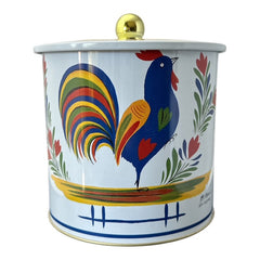 Round cookie tin box in Quimper designs, available in Floral or Rooster patterns. Cylindrical tin with a moisture-absorbing lid for keeping cookies fresh. Perfect for adding a French country charm to your kitchen.