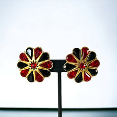 Vintage Red and Black Rhinestone Floral Statement Earrings 