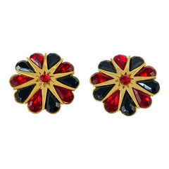 Vintage Red and Black Rhinestone Floral Statement Earrings 