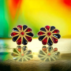 Vintage Red and Black Rhinestone Floral Statement Earrings 