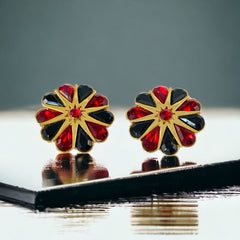 Vintage Red and Black Rhinestone Floral Statement Earrings 