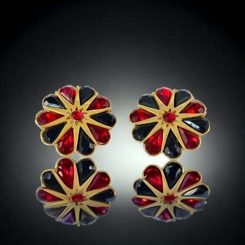 Vintage Red and Black Rhinestone Floral Statement Earrings 