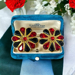 Vintage Red and Black Rhinestone Floral Statement Earrings 