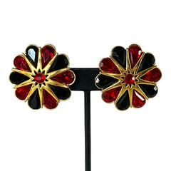 Vintage Red and Black Rhinestone Floral Statement Earrings 