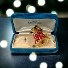 Vintage Red Enamel & Gold Tone Holiday Bell Brooch