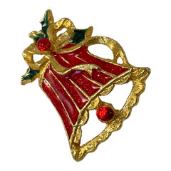 Vintage Red Enamel & Gold Tone Holiday Bell Brooch