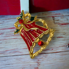 Vintage Red Enamel & Gold Tone Holiday Bell Brooch