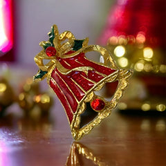 Vintage Red Enamel & Gold Tone Holiday Bell Brooch