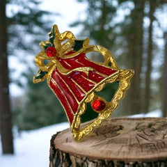 Vintage Red Enamel & Gold Tone Holiday Bell Brooch