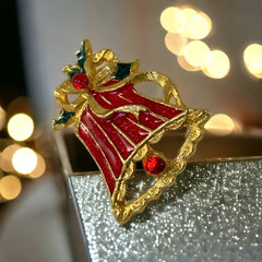 Vintage Red Enamel & Gold Tone Holiday Bell Brooch