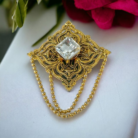 Vintage Remy Dis Paris Antiqued Gold Tone Filigree Large Brooch