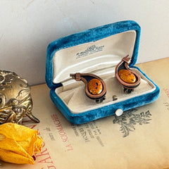Vintage Matisse Renoir copper clip‑on earrings with orange sugar‑textured art‑glass cabochons.