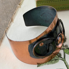 Vintage Modernist copper cuff bracelet with geometric raised design and oxidized black accents, Renoir style, mid‑century Modernist jewelry.