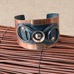 Vintage Modernist copper cuff bracelet with geometric raised design and oxidized black accents, Renoir style, mid‑century Modernist jewelry.